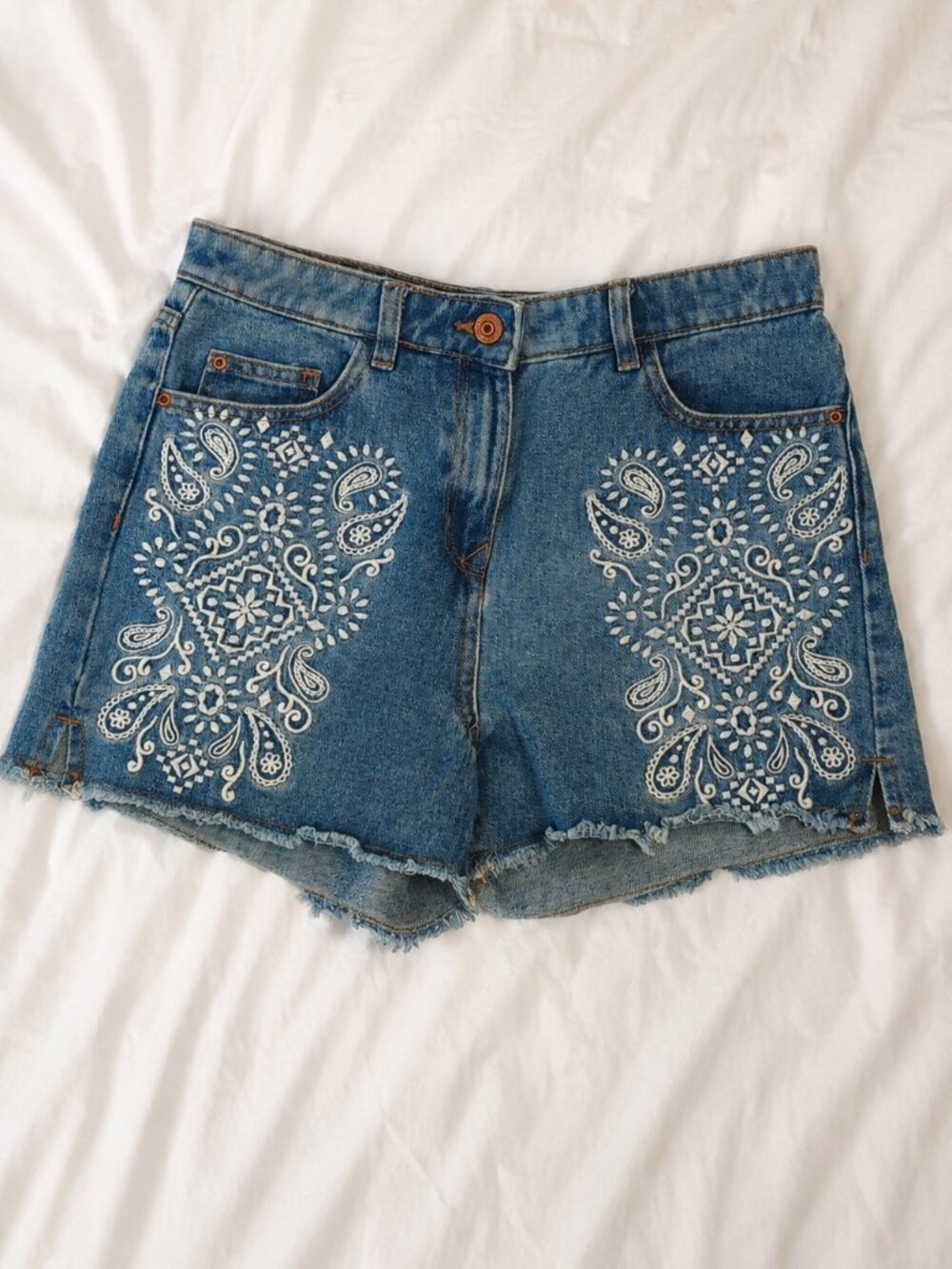 /DENIM Paisley Embroidered Denim Shorts Women's UK 8 US S